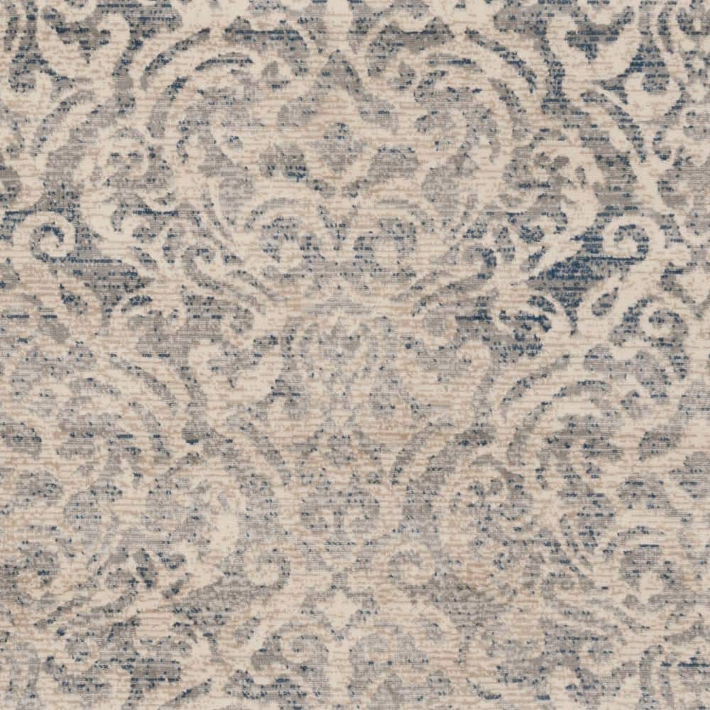 Light Grey and Blue Damask Low Pile Area Rug