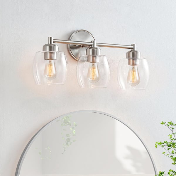 KAWOTI 22.2 in. 3-Light Brushed Nickel Bathroom Vanity Light with Clear Glass Shades
