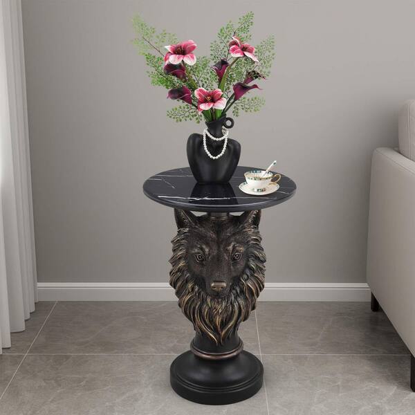 Wolf Head Accent Table Animal Statue End Tables in Brown for