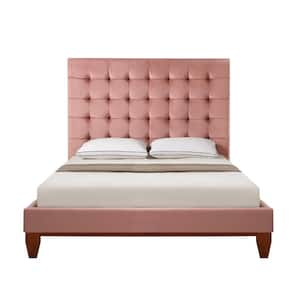 Pink Wood Frame Queen Panel Bed with Tufted; Upholstered