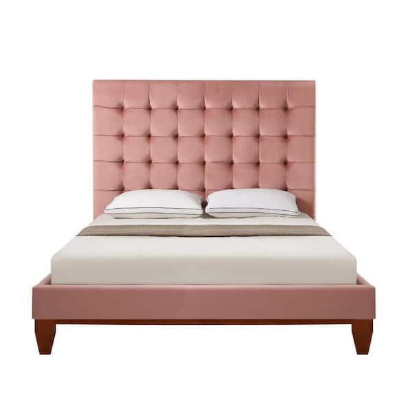 HomeRoots Pink Wood Frame Queen Panel Bed with Tufted; Upholstered