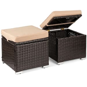 Brown Wicker Outdoor Ottoman, Multi-Purpose Outdoor Patio Furniture with Removable Beige Cushions (2-Pack)