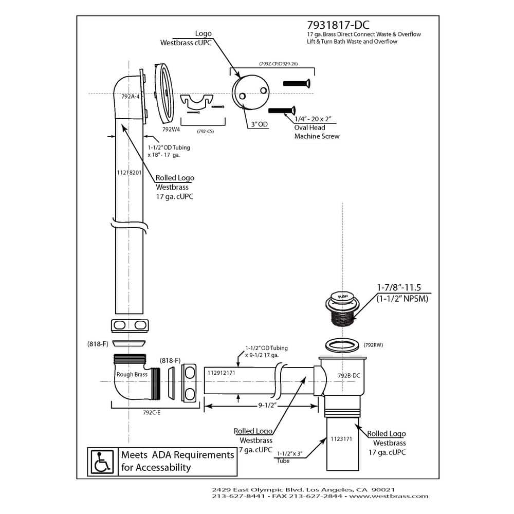 Polished Brass 23" Tip-Toe Bathtub Drain Assembly with Overflow