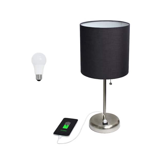 Creekwood home 19.5 in. Contemporary Bedside USB Port Base Standard Metal Table Desk Lamp in Brushed Steel, Black Shade, with LED Bulb