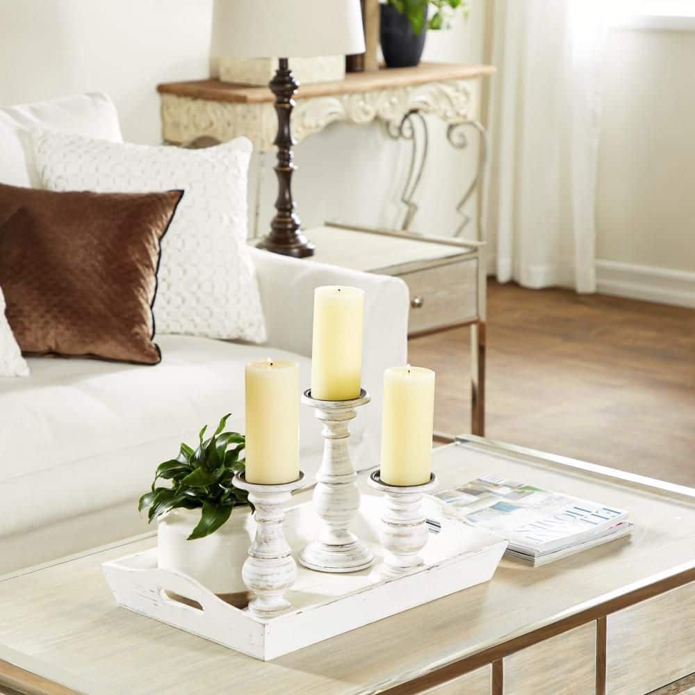 Set of 3 White Distressed Wood Pillar Candle Holders