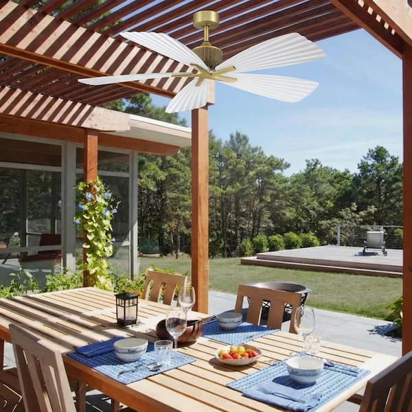 56 in. Gold Downrod Mount Leaf Outdoor Ceiling Fan with Remote Control, 5 White Blades, Wet Rated for Patios