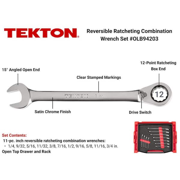 Reversible 12-Point Ratcheting Combination Wrench Set with Open Top Drawer and Rack, 11-Piece (1/4-3/4 in.)