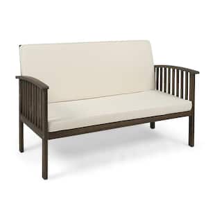 Gray Wood Outdoor Loveseat with White Cushions for Porch, Garden and Backyard