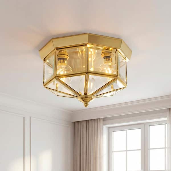 3-Light Polished Brass Clear Beveled Glass Traditional Indoor Outdoor 9-3/4" Flush Mount Light
