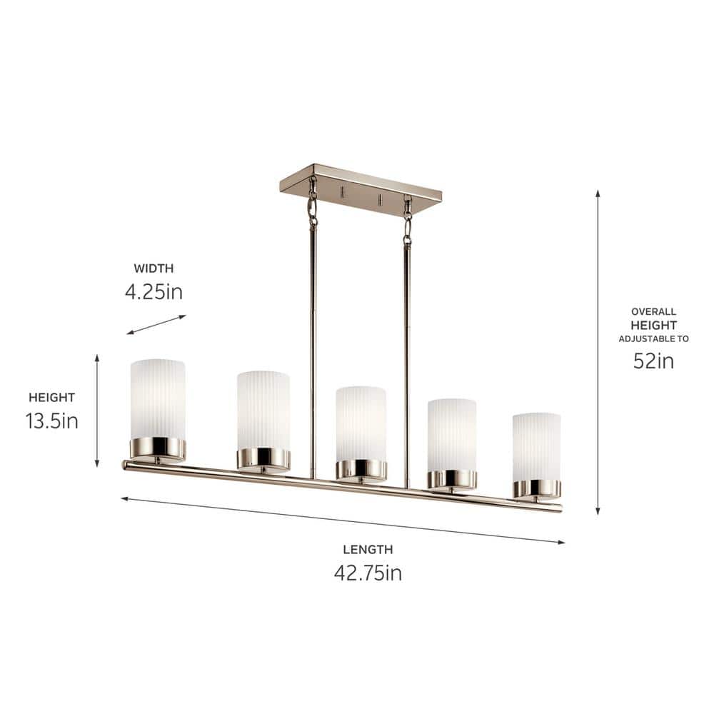 Polished Nickel and Brass 5-Light Linear Chandelier with Ribbed Glass Shades