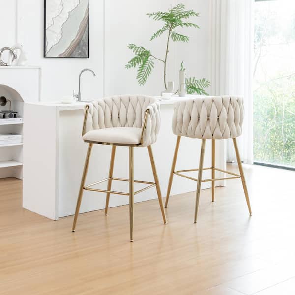 Ness Cream Boucle Teddy Fabric Bar Stool Set of 2 With Gold Chrome Plated Legs