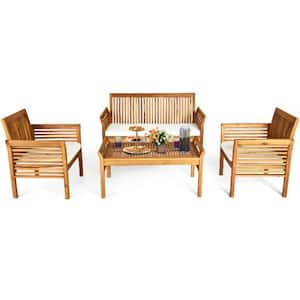 Brown 4-Piece Wood Outdoor Patio Conversation Set with Beige Cushions