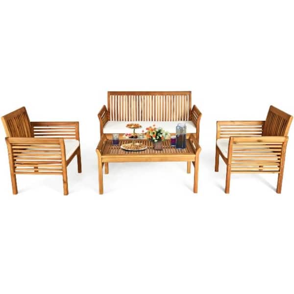 Alpulon Brown 4-Piece Wood Outdoor Patio Conversation Set with Beige Cushions