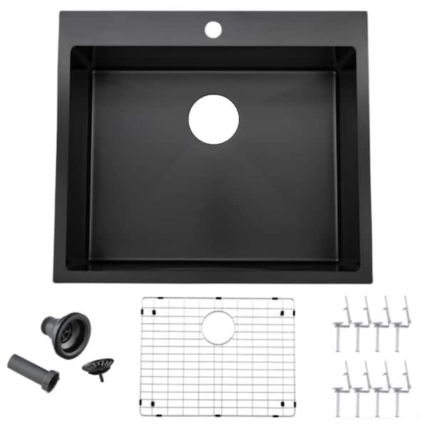 18 in. Drop-In Single Bowl 16 Gauge Black Stainless Steel Bar Prep Sink with Dish Grid and Basket Strainer