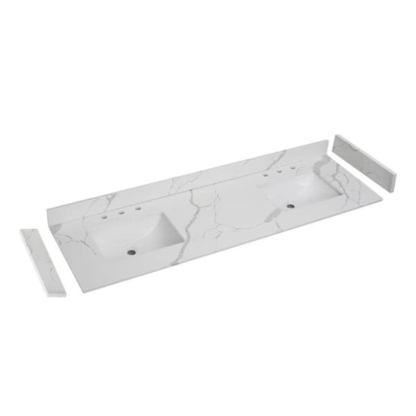 Carrara Luna 72 in. W x 22 in. D Quartz White Rectangular Double Sink Bathroom Vanity Top in Calacatta River