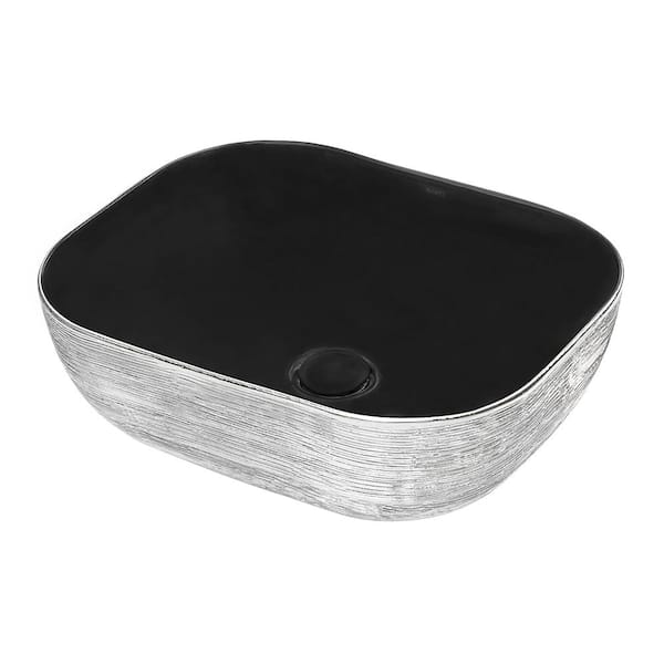 Pietra 20 in. Square Above Counter Vanity Bathroom Vessel Sink in Black Porcelain Ceramic and Silver Decorative Art