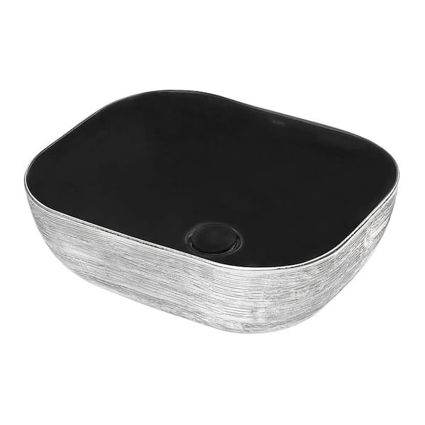 Ruvati 20 in. Above Vanity Counter Bathroom Ceramic Vessel Sink in Black with Decorative Art in Silver