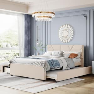 Beige Wood Frame Queen Linen Upholstered Platform Bed with Brick Pattern Headboard, Twin XL Trundle and 2 Drawers