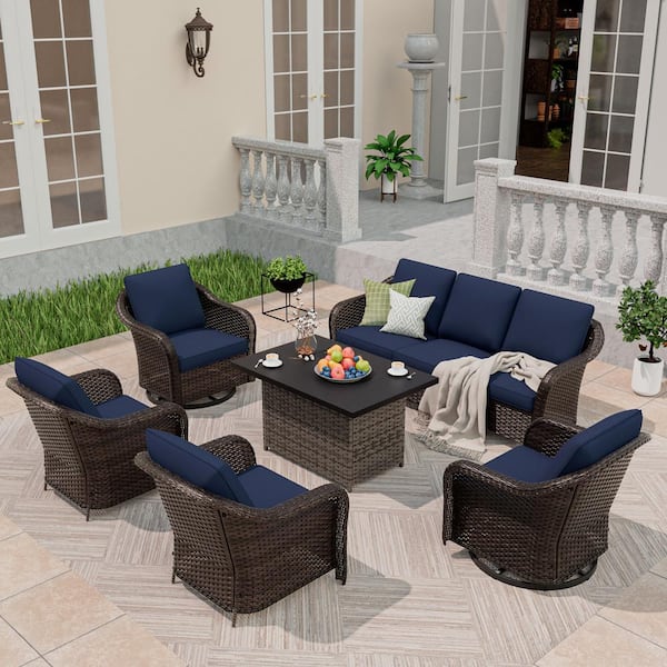MeetLeisure 6-Piece Patio Wicker Outdoor Patio Conversation Set with Fire Pit Table, Blue Cushions and Swivel Rocking Chairs