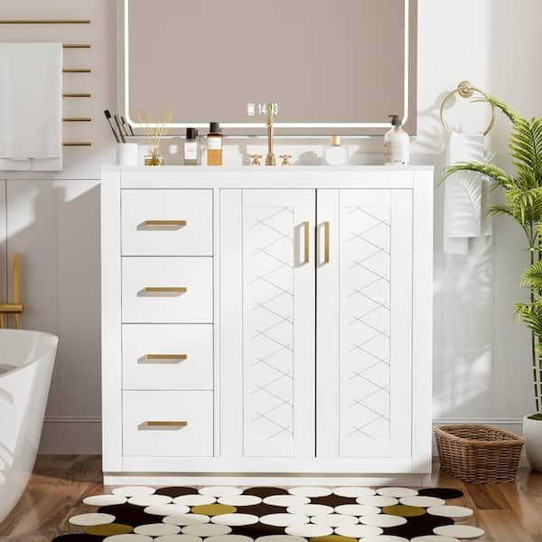 Modern 36'' White Bathroom Vanity with Ceramic Sink Combo,3 Drawers & Soft Closing Doors