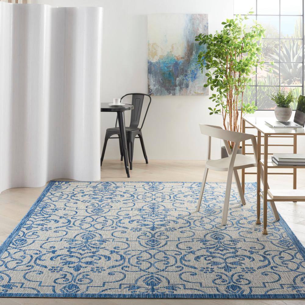 Ivory & Blue Classic Scroll 7' x 10' Synthetic Outdoor Rug