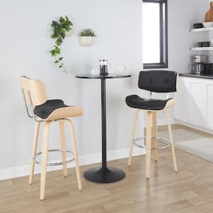 Lombardi 30.5 in. Black Faux Leather, Natural Wood and Chrome Fixed-Height Bar Stool with Round Footrest (Set of 2)