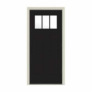 32 in. x 80 in. 3 Lite Craftsman Black Painted Steel Prehung Left-Hand Outswing Front Door w/Brickmould