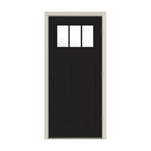 JELD-WEN 32 in. x 80 in. 3 Lite Craftsman Black Painted Steel Prehung Left-Hand Outswing Front Door w/Brickmould