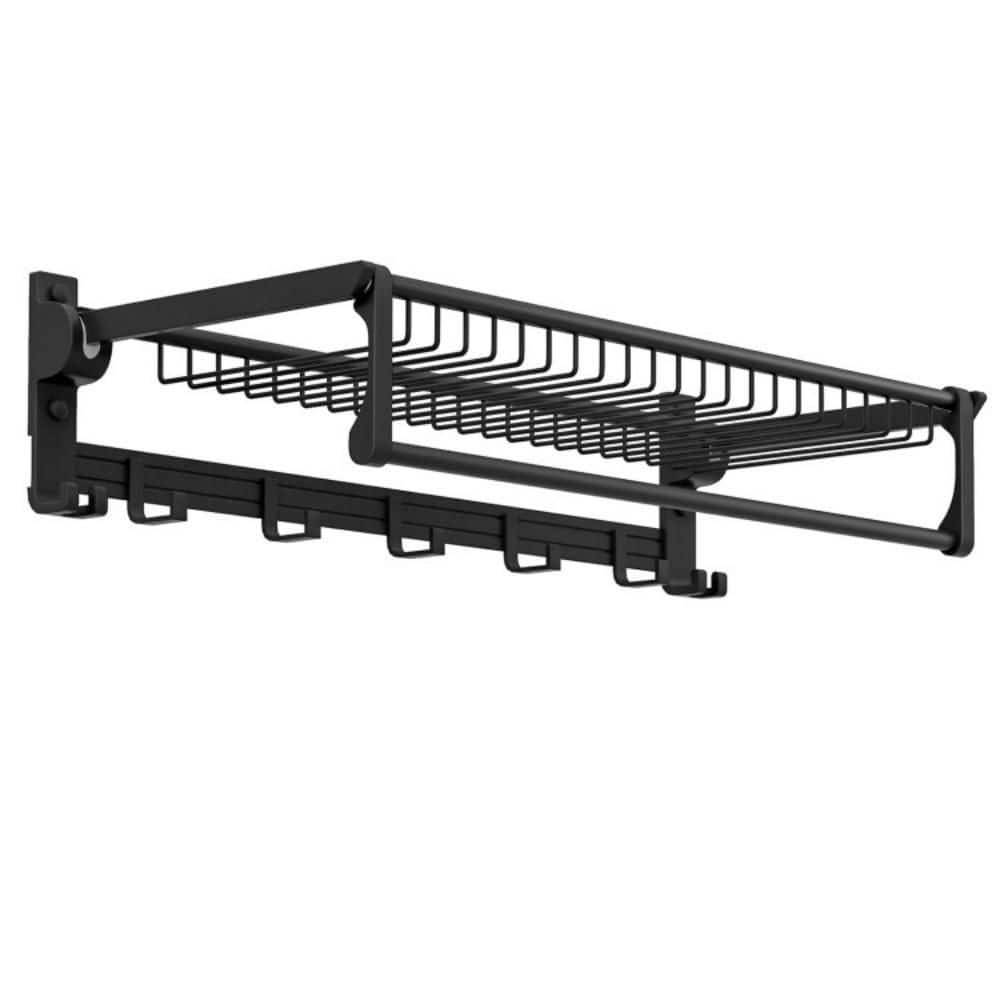 1-Bar Foldable Wall Mounted Towel Rack in Black with 1 Basket and 5 Sliding Hooks, Towel Holder Organizer for Bathroom price history on PriceWatchPro