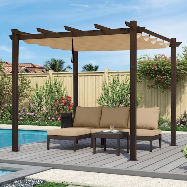 PURPLE LEAF 10 ft. x 10 ft. Bronze Aluminum Frame Outdoor Patio Pergola Gazebo with Beige Retractable Sun Shade Canopy for Beach