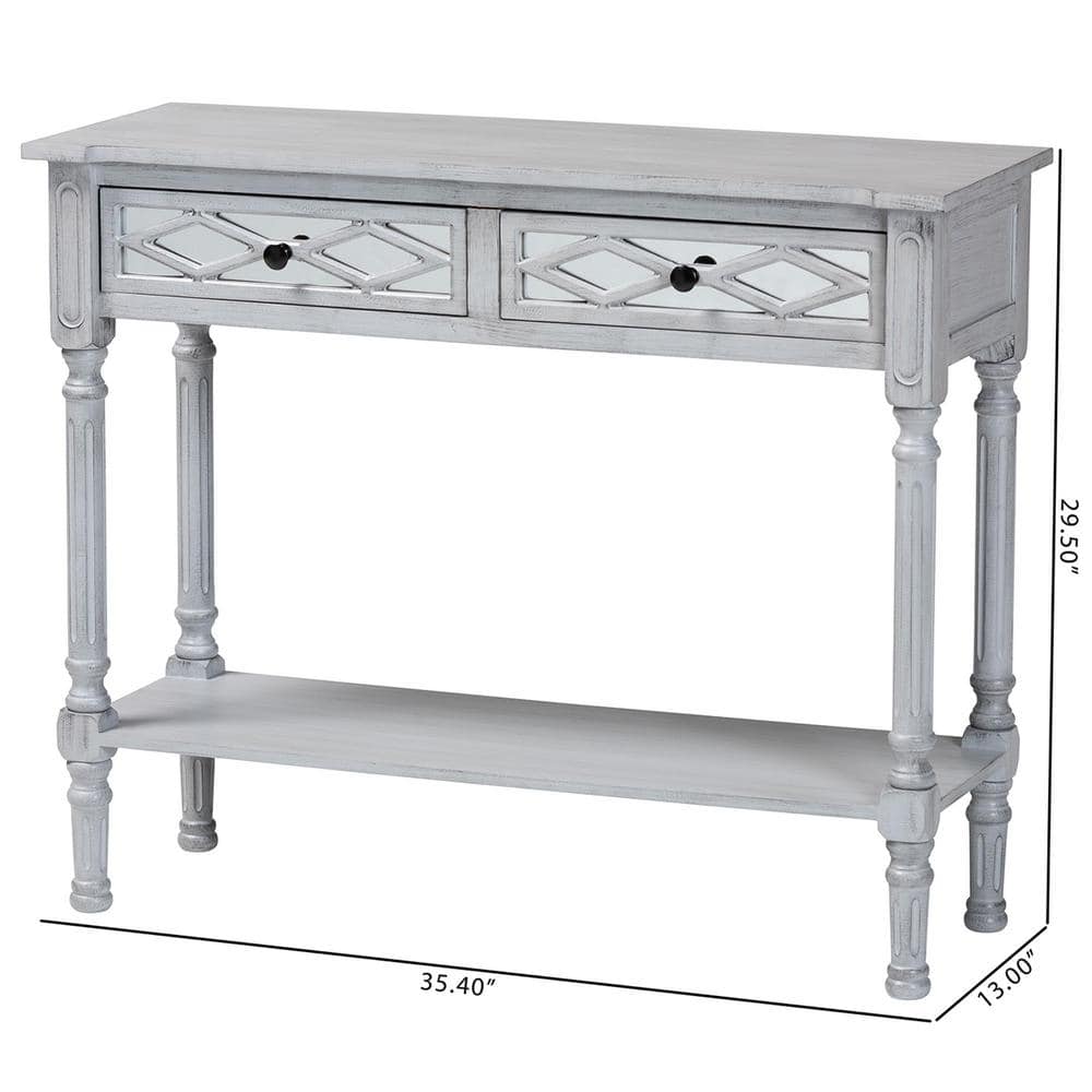 Gray Wood and Mirrored Glass 2-Drawer Console Table with Storage Shelf