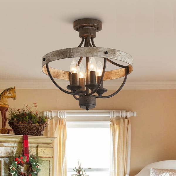 15.4 in 4-Light Bronze Industrial Semi-Flush Mount Ceiling Light Fixture
