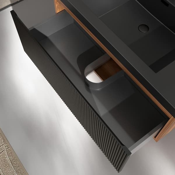 FAMYYT 24 in. W Single Sink Walnut Black Floating Bath Vanity with