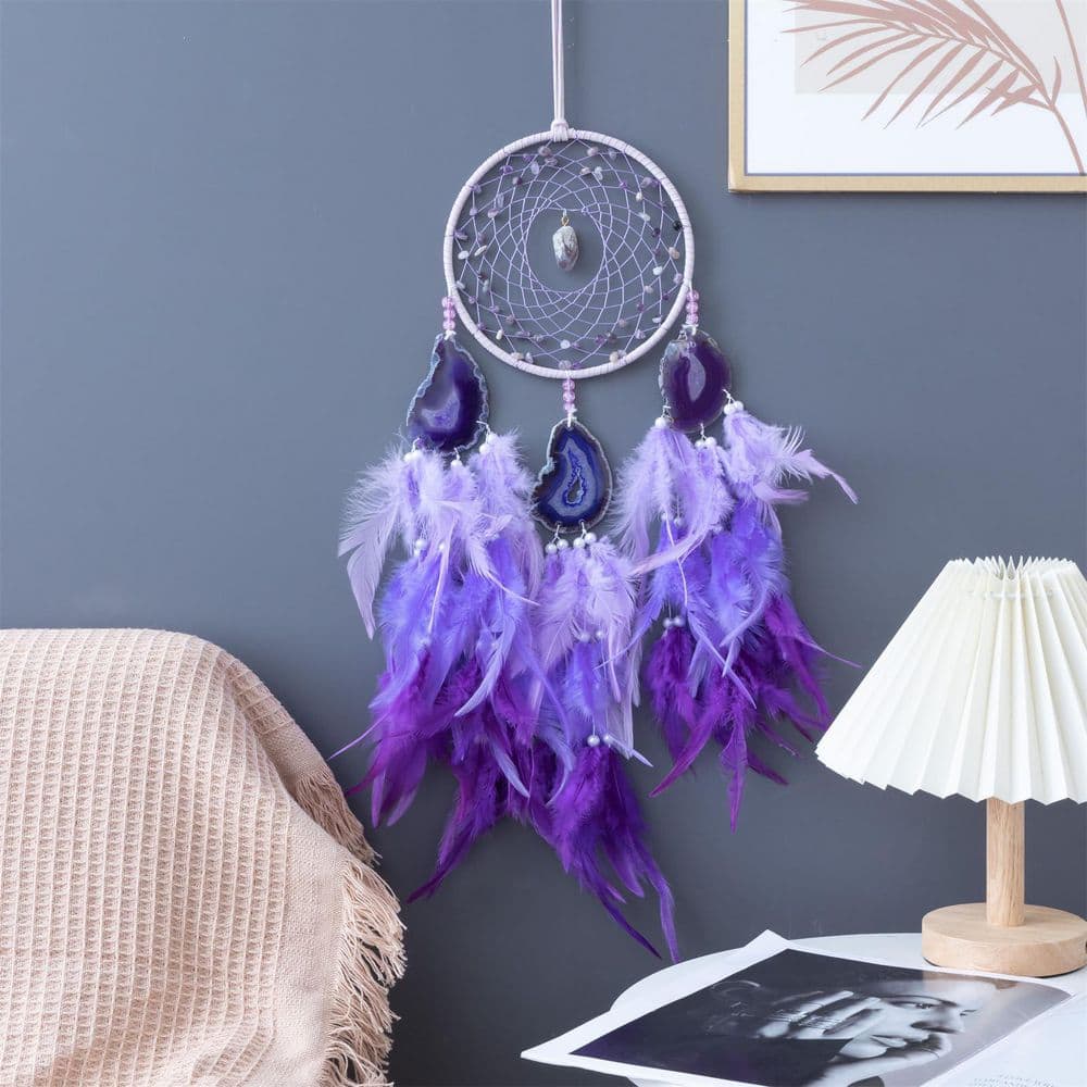 Purple Agate Dream Catcher-Handmade Feather & Crystal Wall Decor