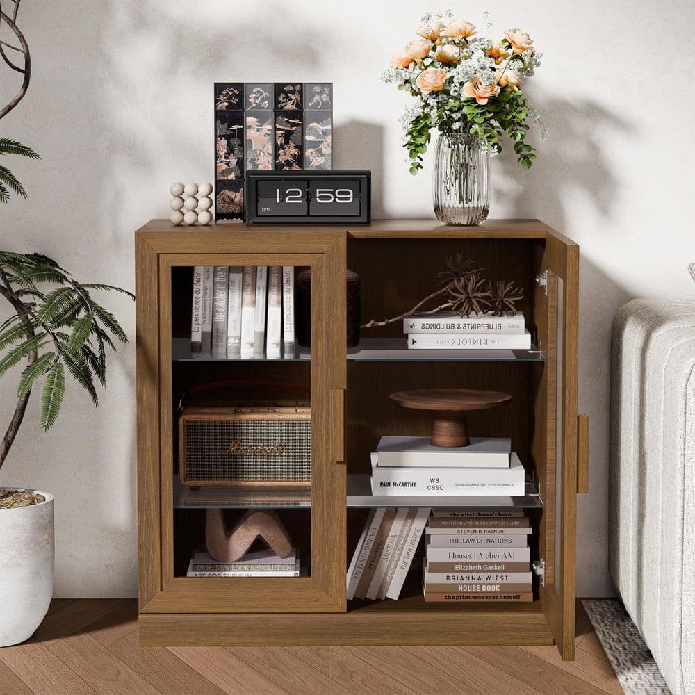 Walnut Wooden 31 in. H Storage Cabinet with Glass Door Accent Cabinet