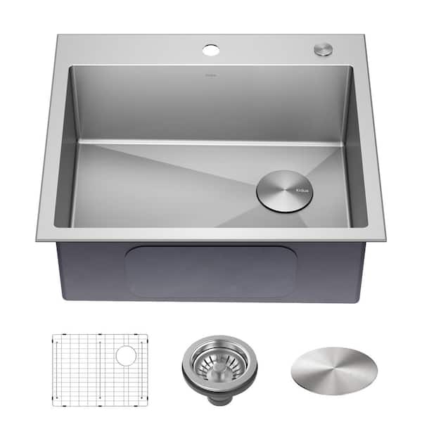 KRAUS Loften 25 in. Drop-In Single Bowl 18 Gauge Stainless Steel Kitchen Sink with Accessories
