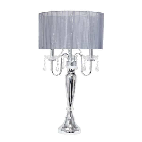 Lalia Home 31 in. Chrome Cascading Crystal Table Lamp with Gray Fabric Shade