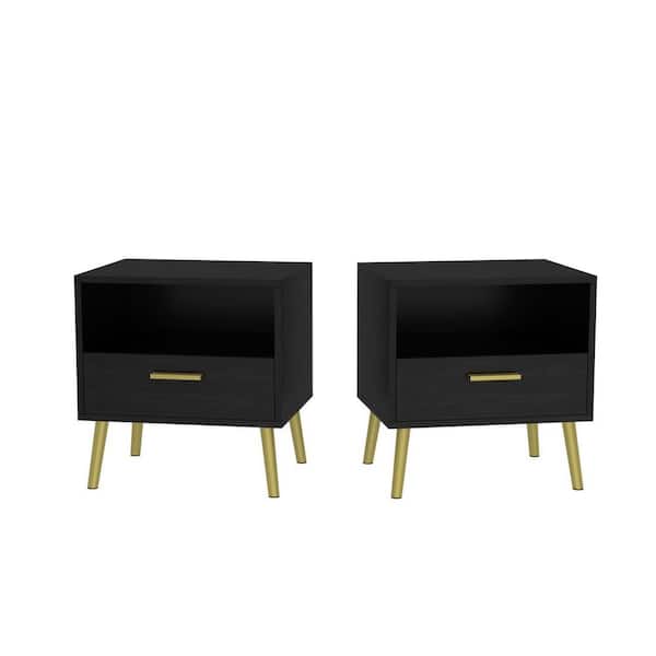 FUFU&GAGA 20 in. H-19.5 in. W-15.6 in. D, 1-Drawer and 1-Open Shelf, Black Wooden Nightstands Set of 2