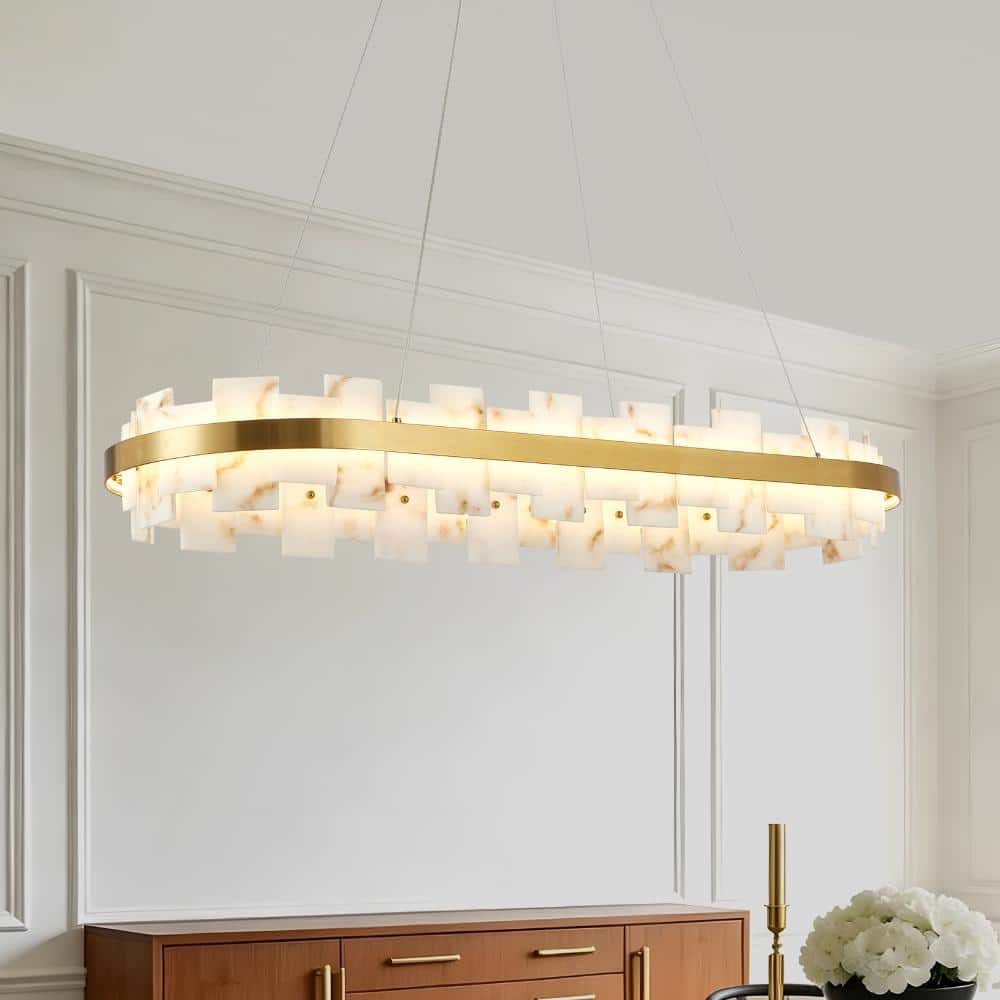 38 in. Gold Modern Luxury Alabaster Rectangle Ceiling Lighting Chandelier with Crystal Shade, Adjustable Height price history on PriceWatchPro