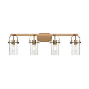 Pilaster II Cylinder 34.88 in. 4-Light Brushed Brass Vanity Light with Glass Shade