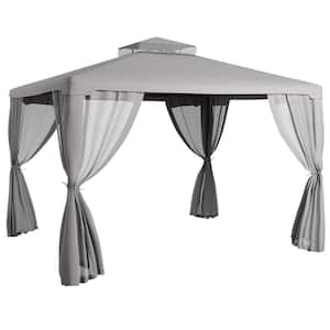 9.6 ft. x 11.6 ft. Gray Outdoor Canopy Shelter with 2-Tier Roof and Netting, Steel Frame and Polyester Canopy