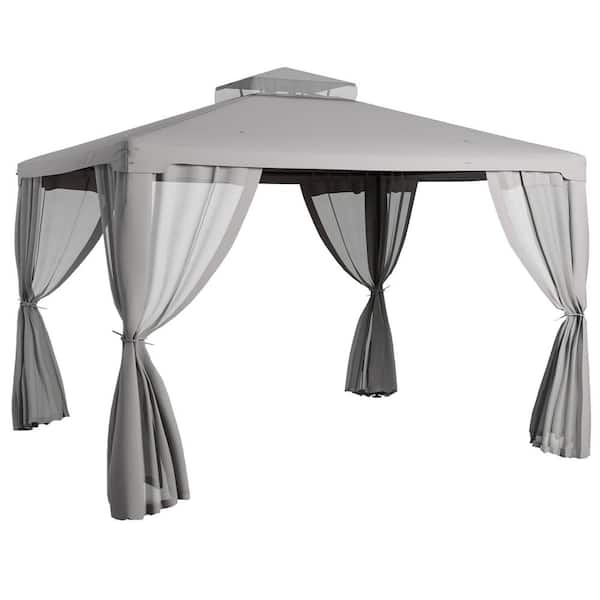 Outsunny 9.6 ft. x 11.6 ft. Gray Outdoor Canopy Shelter with 2-Tier Roof and Netting, Steel Frame and Polyester Canopy