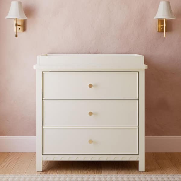 Sasha Frosted Oat 3 Drawer 35.47 in. Wide Dresser with Changing Topper