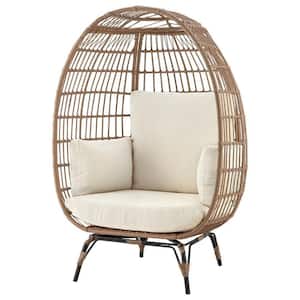 Freestanding Steel and Rattan Outdoor Egg Chair with Cushions in Cream Oversized Outdoor Lounger for Patio, Backyard