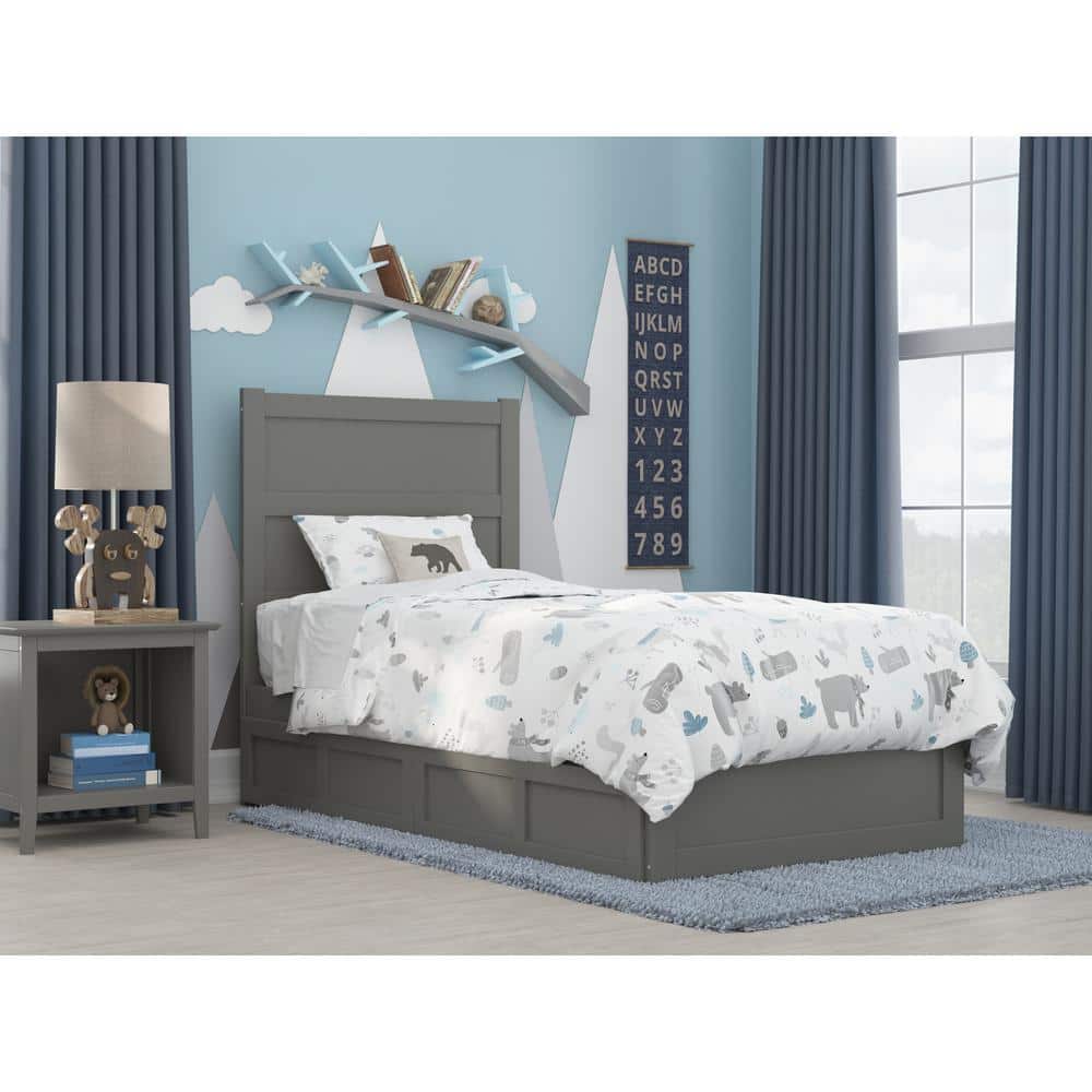 Gray Twin Wood Bed with Headboard and Storage Drawers