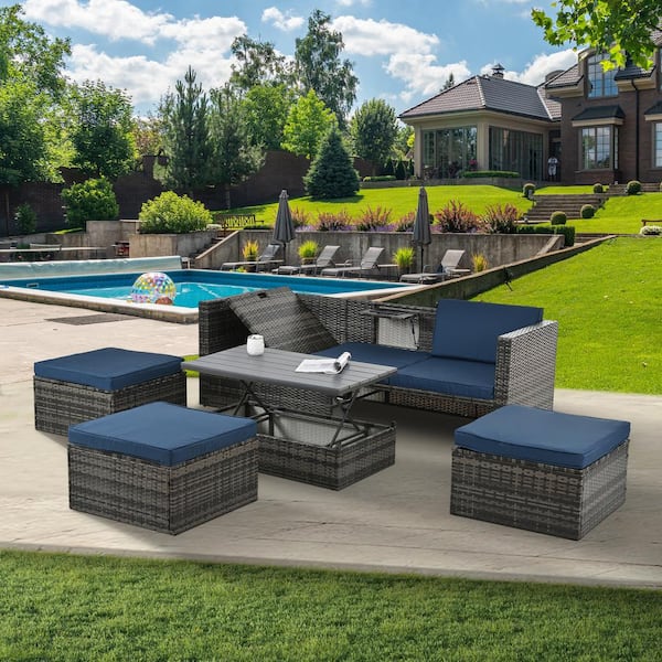 Unbranded Dark Gray 5-Piece Wicker Outdoor Sectional Set with Lift Top Coffee Table Navy Blue Cushions