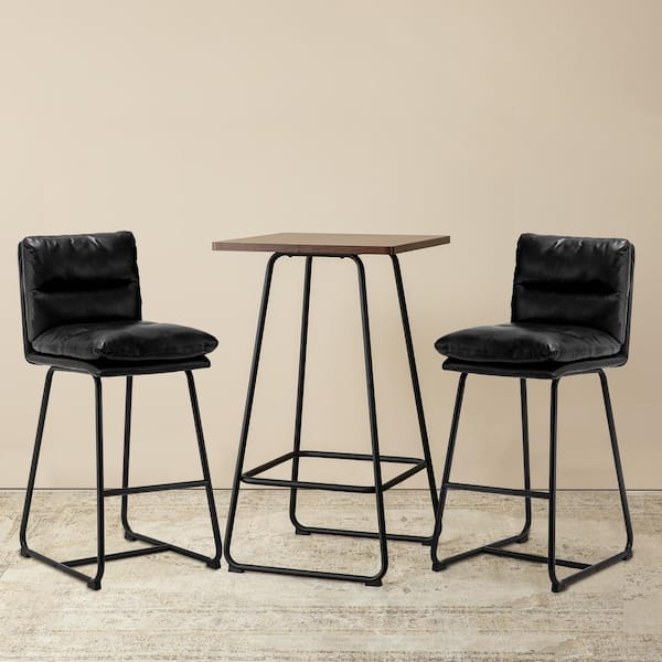 Glitzhome Pub Table Set -Modern Square Bar Table with Walnut Veneer Top and Black Thick Leatherette Bar Stools (Set of 3 )