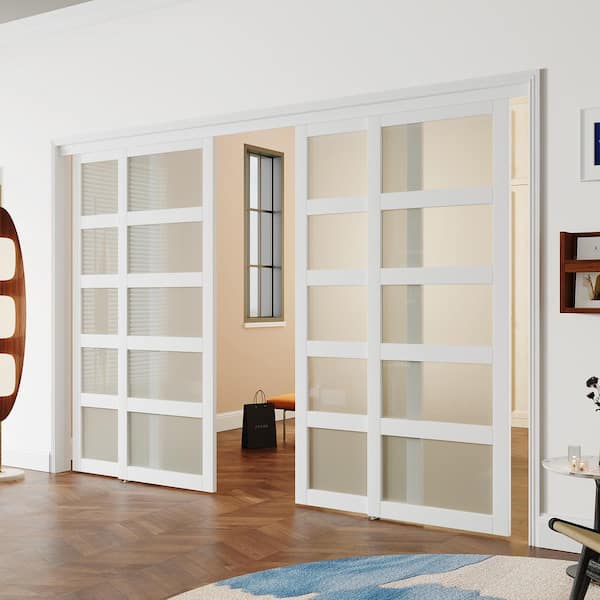 120 in x 80 in (Double 60 in. Doors), MDF, Solid Core, White Double Frosted Glass 5-Panel Sliding Door with All Hardware