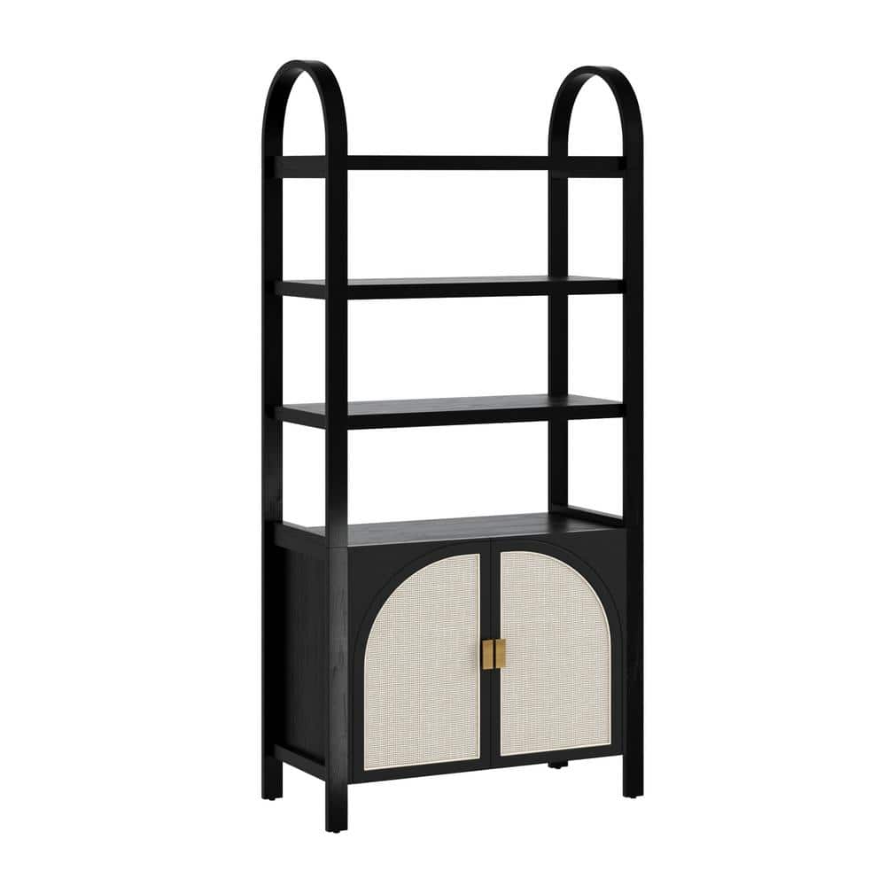 Paxton Black Oak 71" Boho Bookshelf Cabinet with Faux Rattan Doors