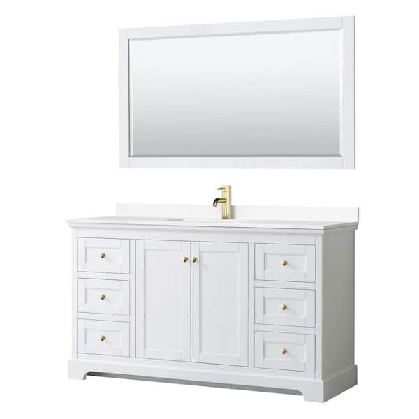 Wyndham Collection Avery 60 in. W x 22 in. D x 35 in. H Single Sink Bath Vanity in White with White Cultured Marble Top and 58 in. Mirror